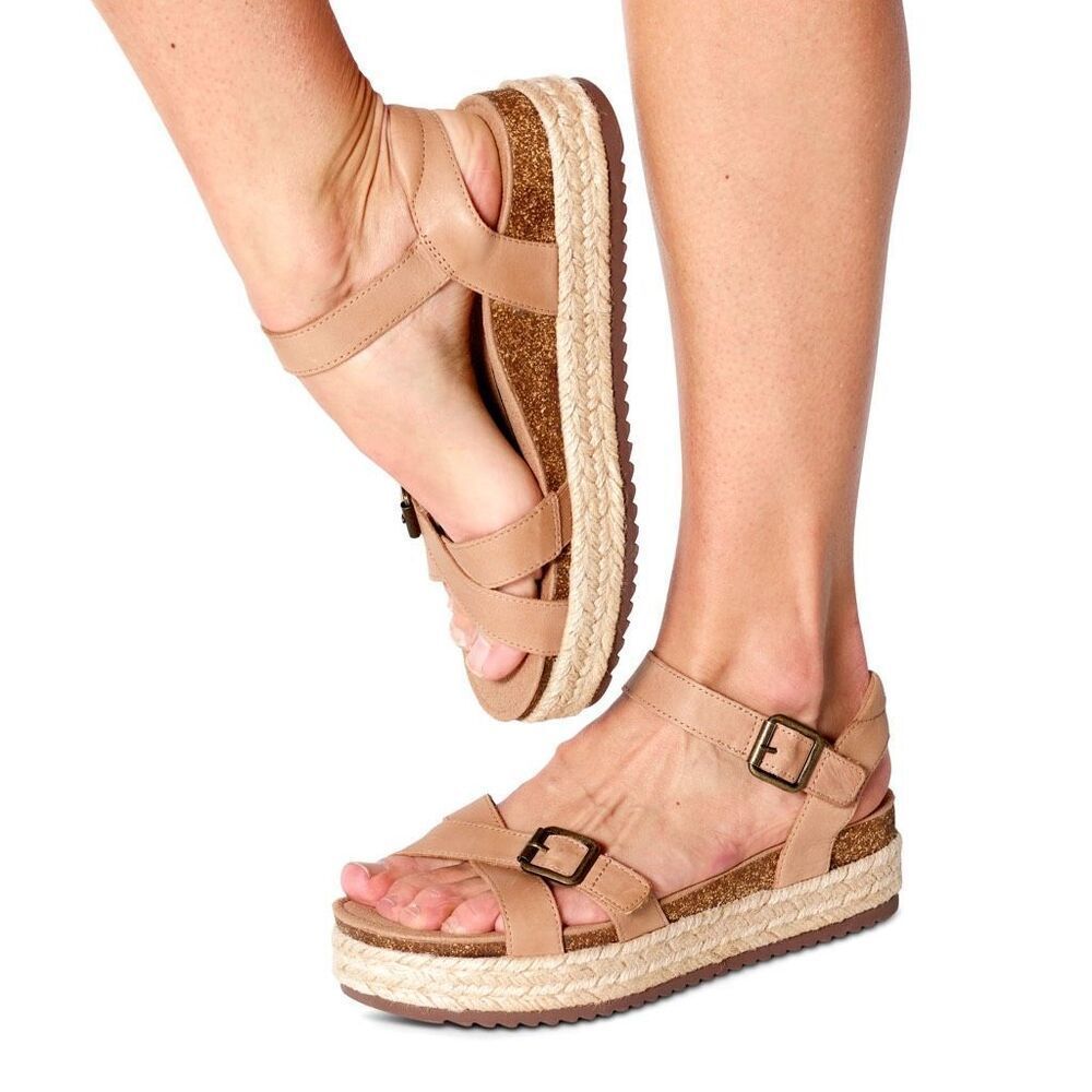 Aetrex Paula Arch Support Platform Sandal Camel Leather, Jute Boho Comfy Resort‎